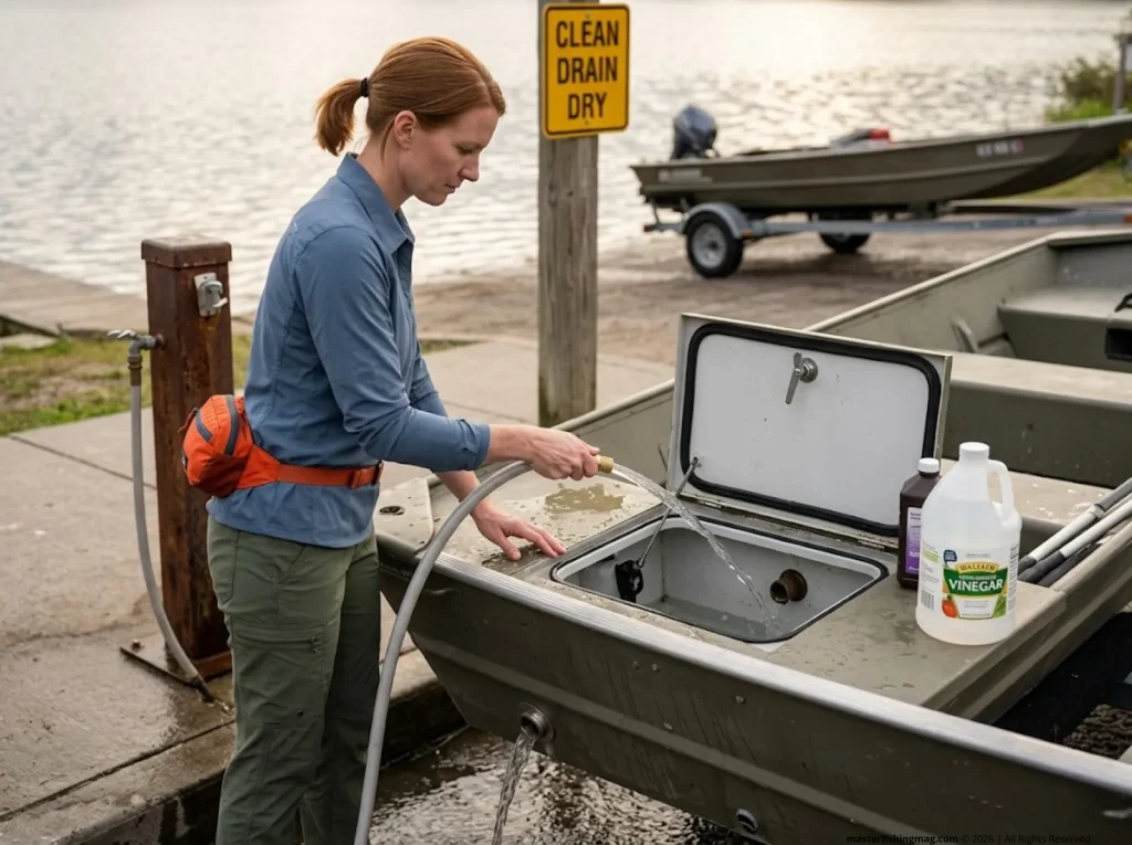 Angler flushing and disinfecting jon boat livewell at boat ramp to prevent invasive species spread