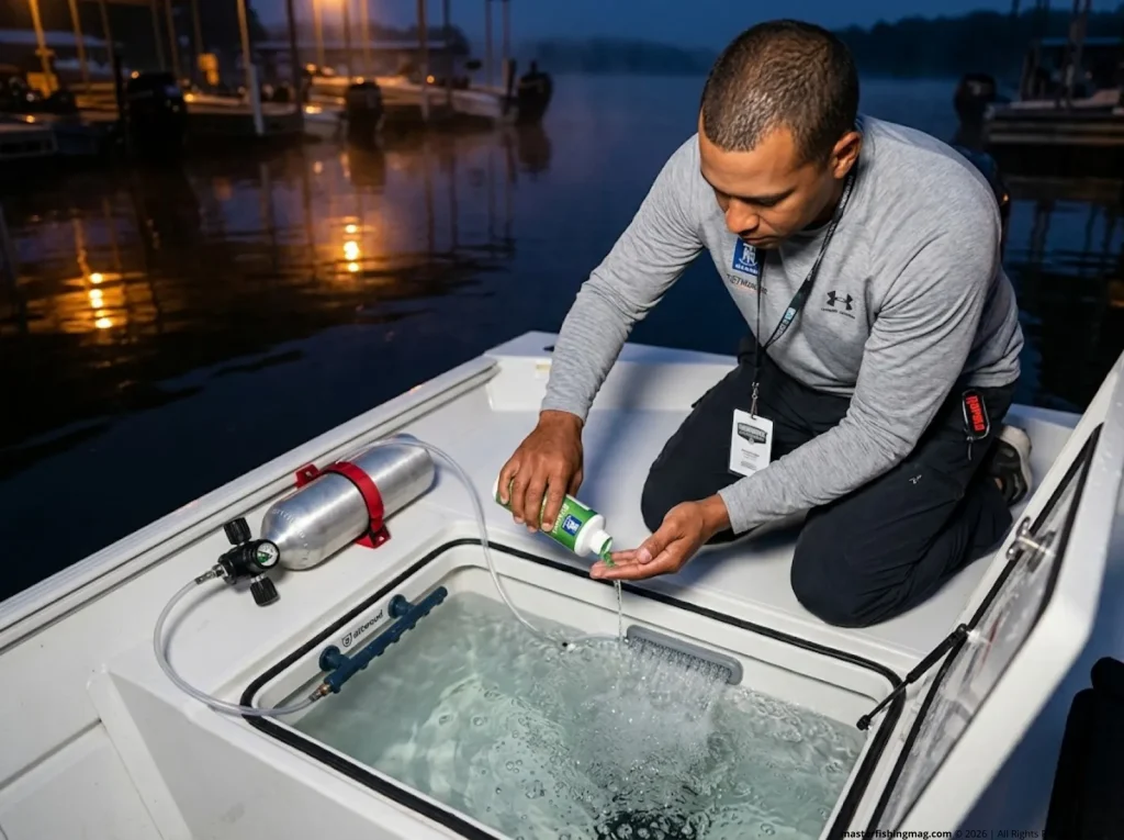 Tournament angler adding G-Juice livewell conditioner with oxygen diffuser running in jon boat