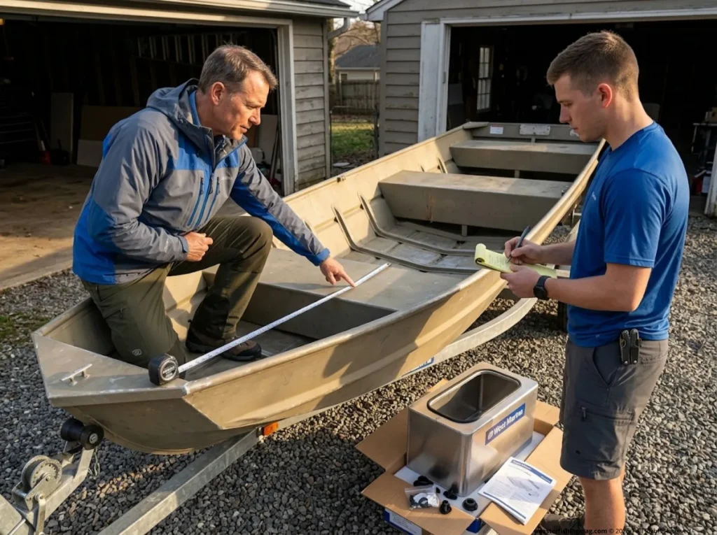 Two anglers measuring jon boat hull for livewell placement to optimize weight distribution