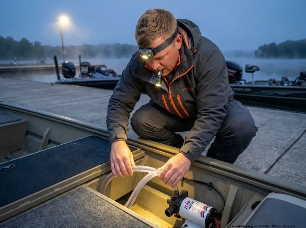 Angler tracing a failed livewell pump hose airlock in jon boat bilge at dawn