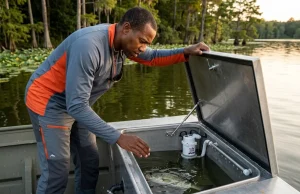 Why Your Jon Boat Livewell Setup Is Killing Fish Angler checking jon boat livewell aerator pump at dusk on southern reservoir