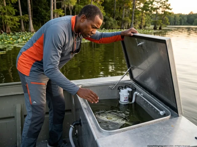 jon-boat-livewell-setup-aerator-check Angler checking jon boat livewell aerator pump at dusk on southern reservoir