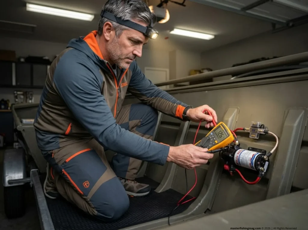 Angler testing 12V livewell pump wiring with multimeter to check voltage drop in jon boat