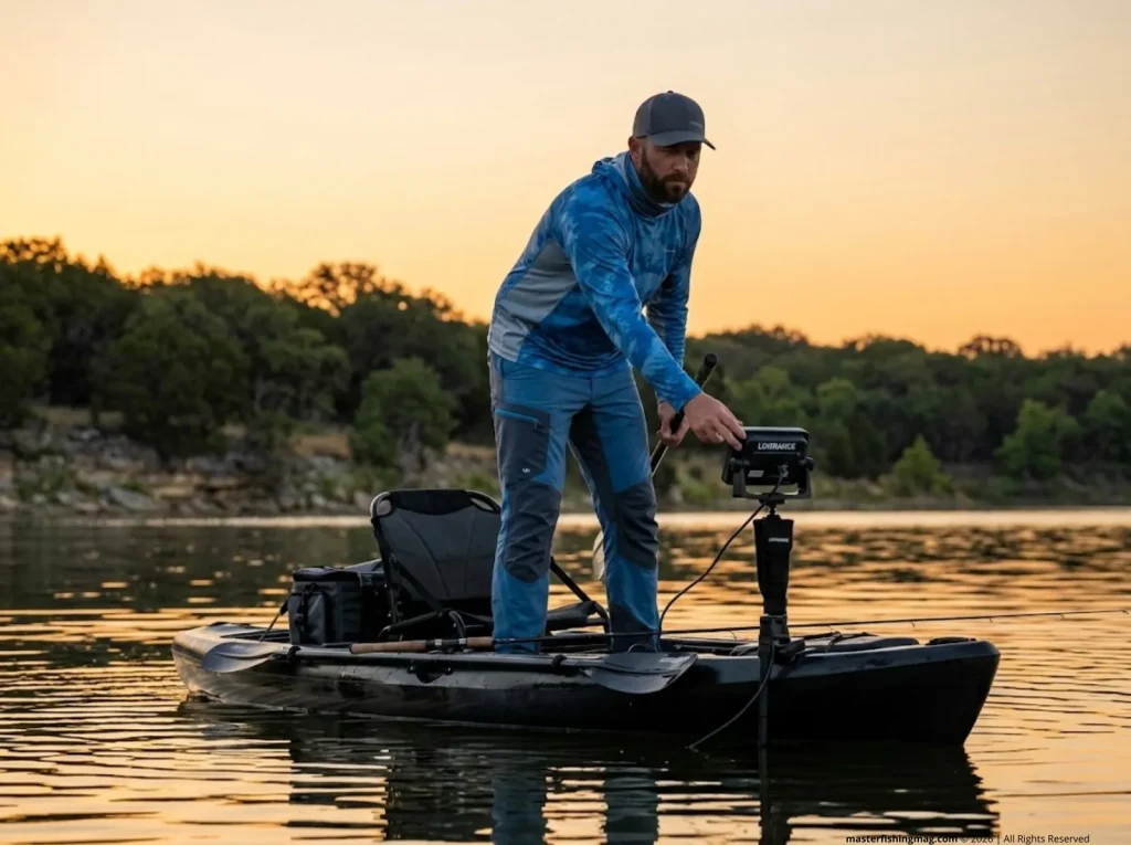 Kayak angler testing HITORHIKE fish finder mount stability while stand-up fishing on Texas reservoir at sunrise