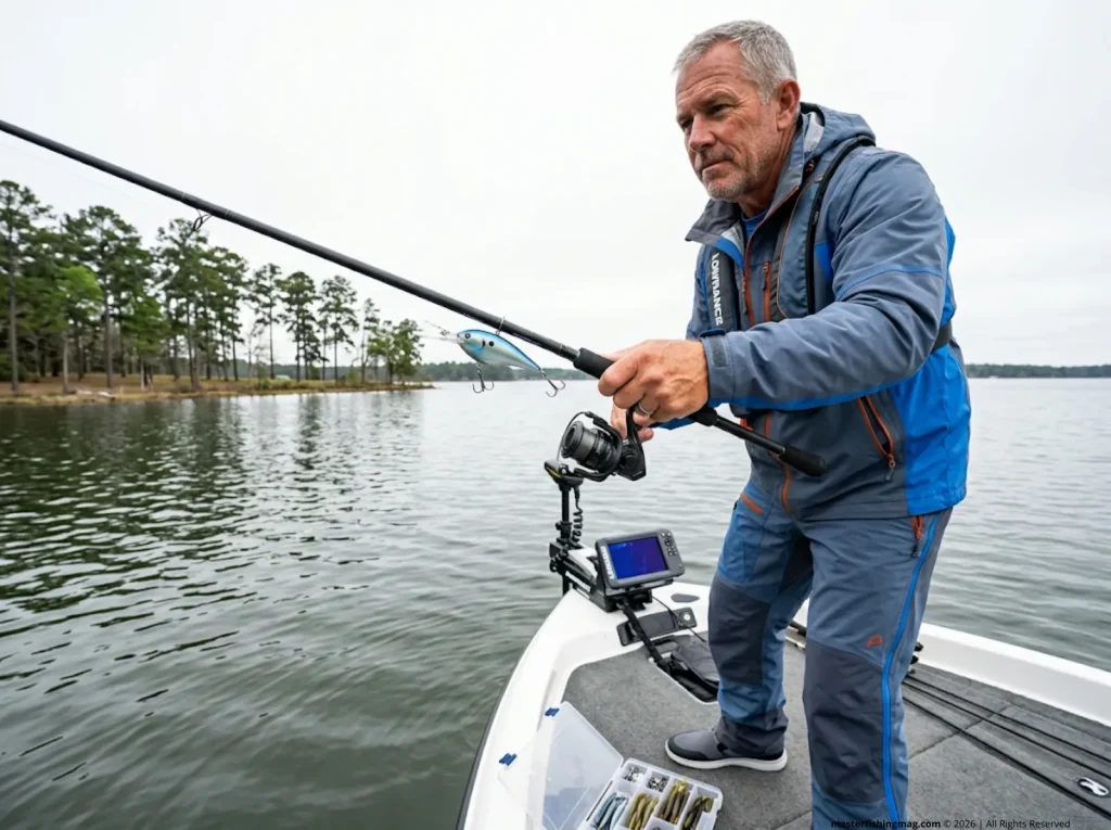 Angler jigging for largemouth bass over man-made reef structure at Lake Conroe near Houston