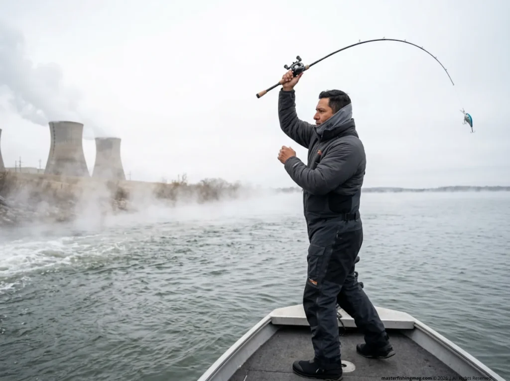 Angler casting crankbait at Lake Fayette power plant discharge canal for winter bass fishing near Houston