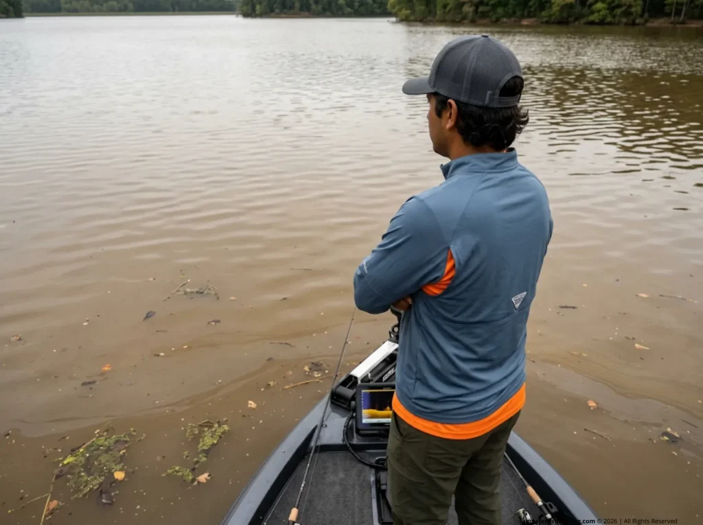 Bass angler surveying discolored reservoir water during lake turnover in early fall