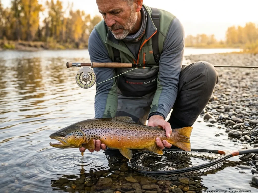 Angler holding a large piscivorous brown trout in a tailwater pool before careful release