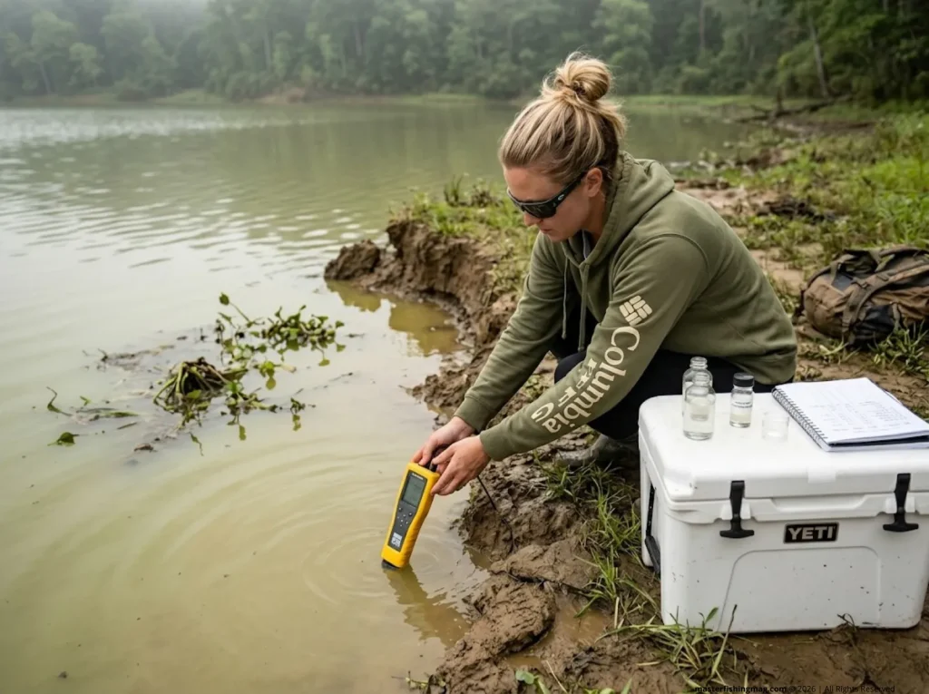 Female limnologist testing turbid water with a YSI meter.
