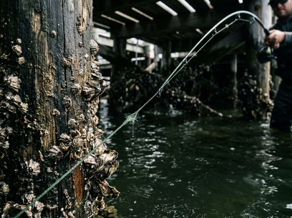 Fishing line under tension against a barnacle-crusted piling near structure