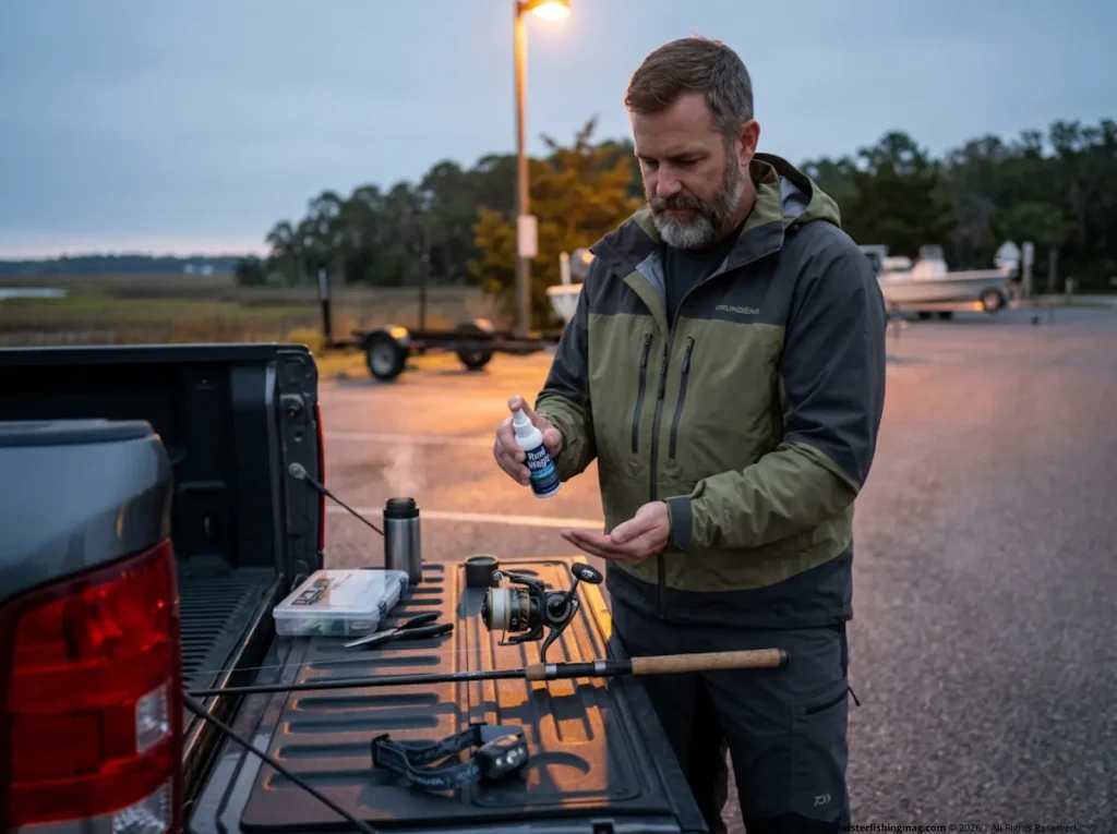 Angler applying line conditioner to Daiwa spinning reel at coastal boat launch tailgate