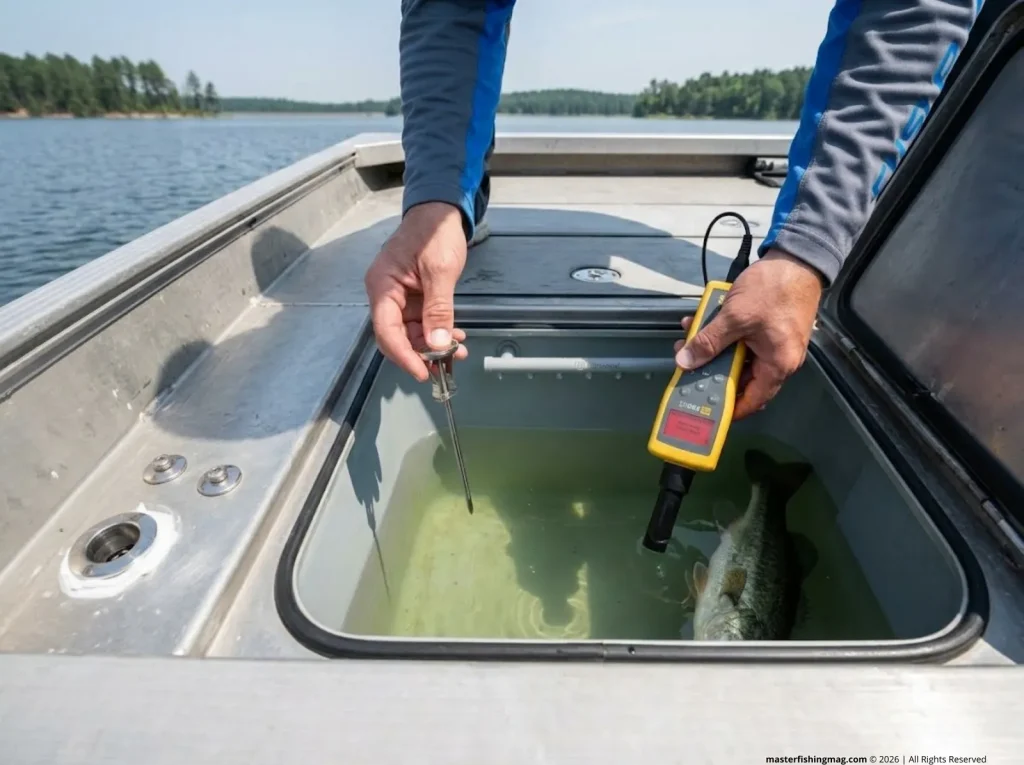 Angler measuring dissolved oxygen in jon boat livewell with DO meter in summer heat