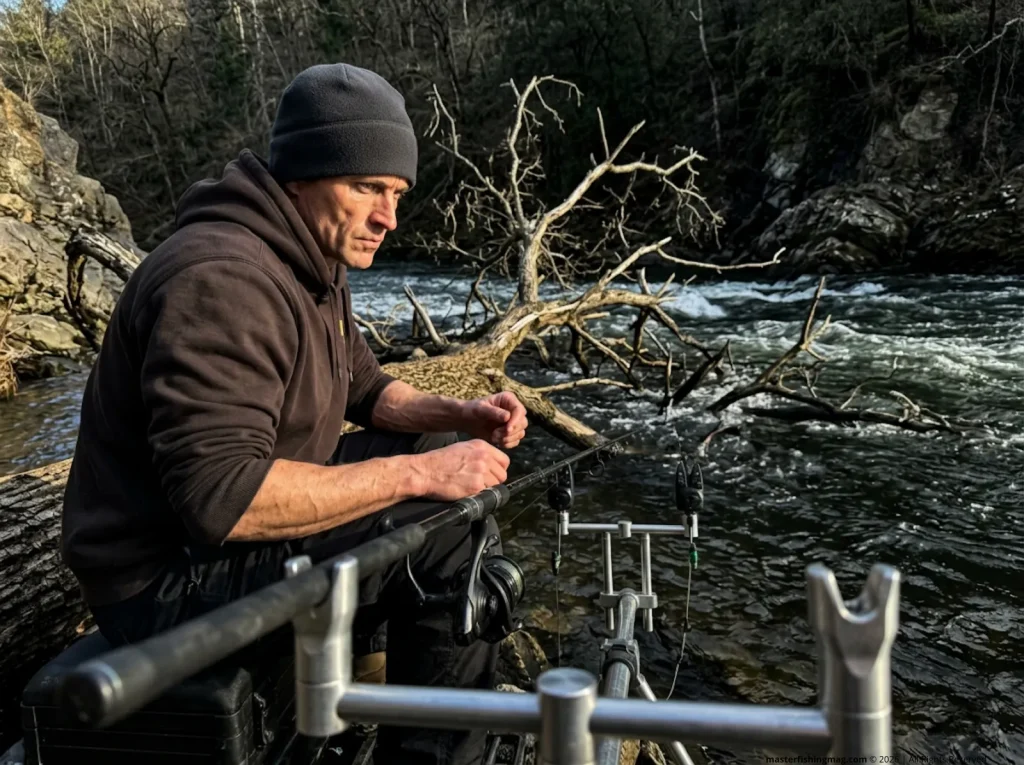 Angler fishing locked up tight to prevent carp reaching submerged snags.
