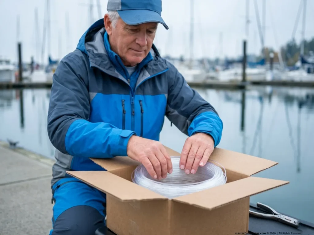 Angler packing old monofilament fishing line into a box for mail-in recycling