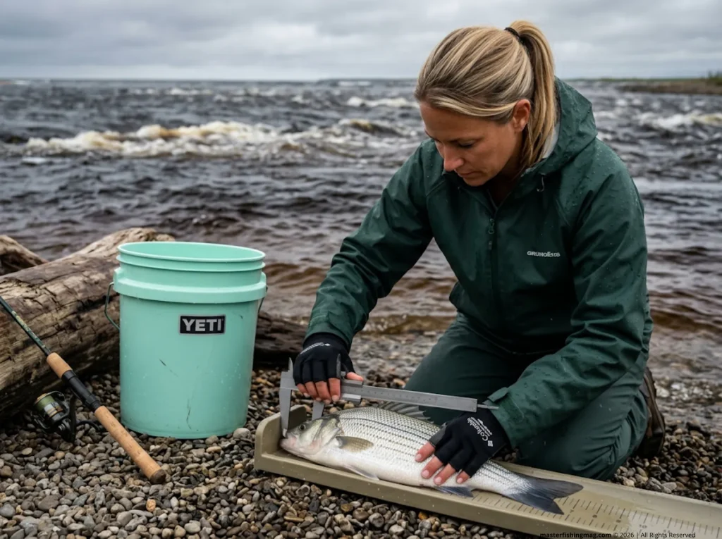 Fisheries biologist measuring body depth to identify striped bass