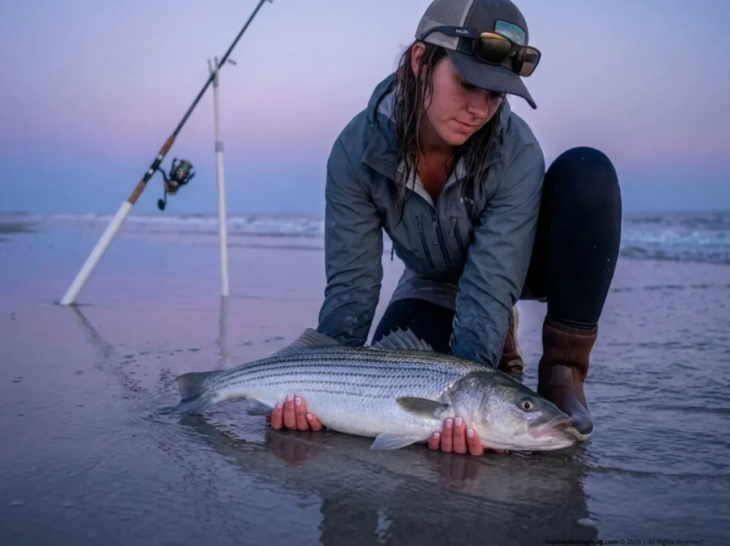 Angler properly reviving a striped bass horizontally in the surf