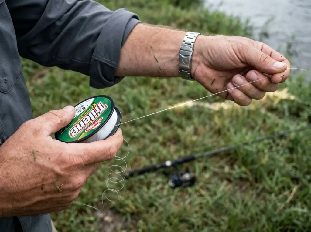 Angler stretching new monofilament line by hand to remove memory coils before the first cast