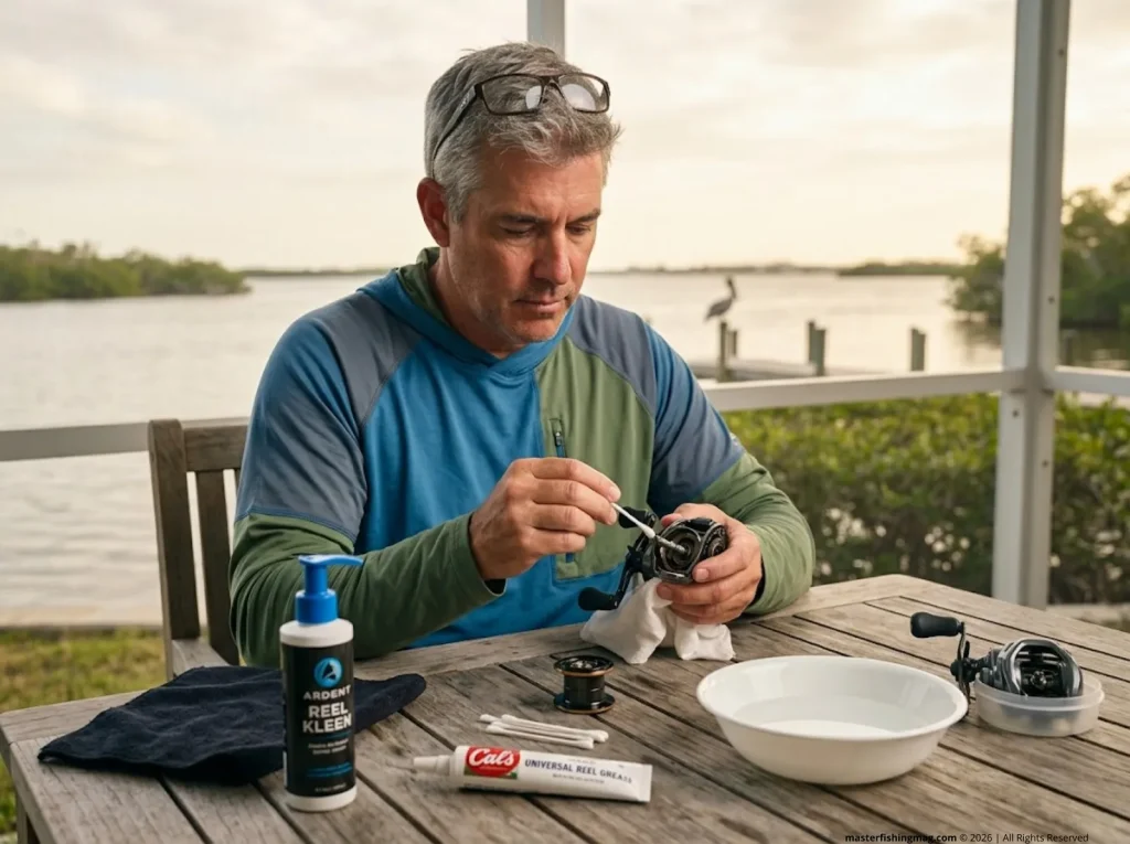 Angler performing monthly spinning reel deep clean with Ardent Reel Kleen and Q-tips on porch