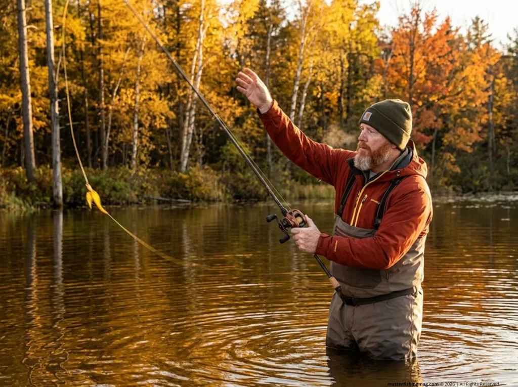 Muskie angler casting bucktail over fall weed edge on Wisconsin lake targeting muskellunge ambush zones