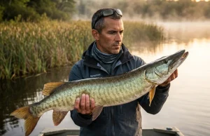 Muskellunge Facts That Turn Biology Into Bites Angler holding trophy muskellunge over Wisconsin flowage at dawn — muskellunge biology and fishing tactics