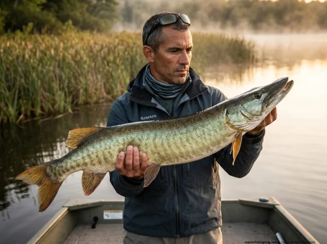 muskellunge-facts-biology-fishing-tactics-hero Angler holding trophy muskellunge over Wisconsin flowage at dawn — muskellunge biology and fishing tactics
