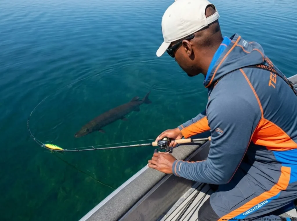 Angler executing figure-8 boat-side retrieve with muskellunge following in clear Minnesota lake water