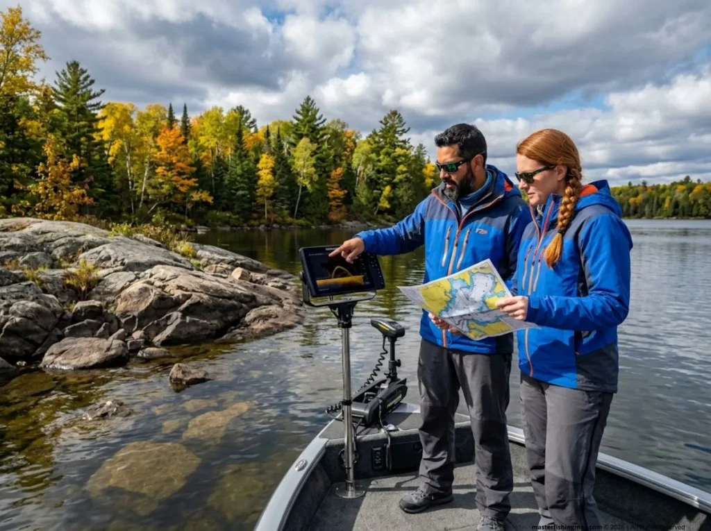 Anglers using forward-facing sonar to locate muskellunge habitat on rocky point of fall Canadian lake