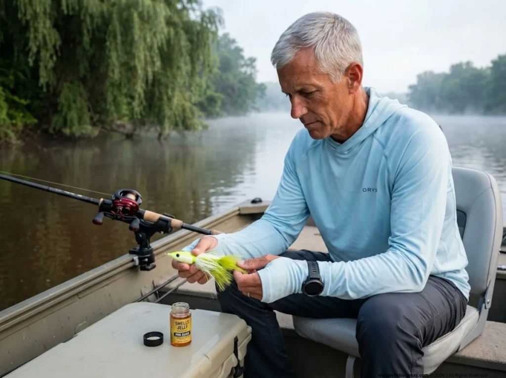 Muskie angler applying scent to bucktail lure on stained-water river — olfactory biology drives muskellunge lure selection
