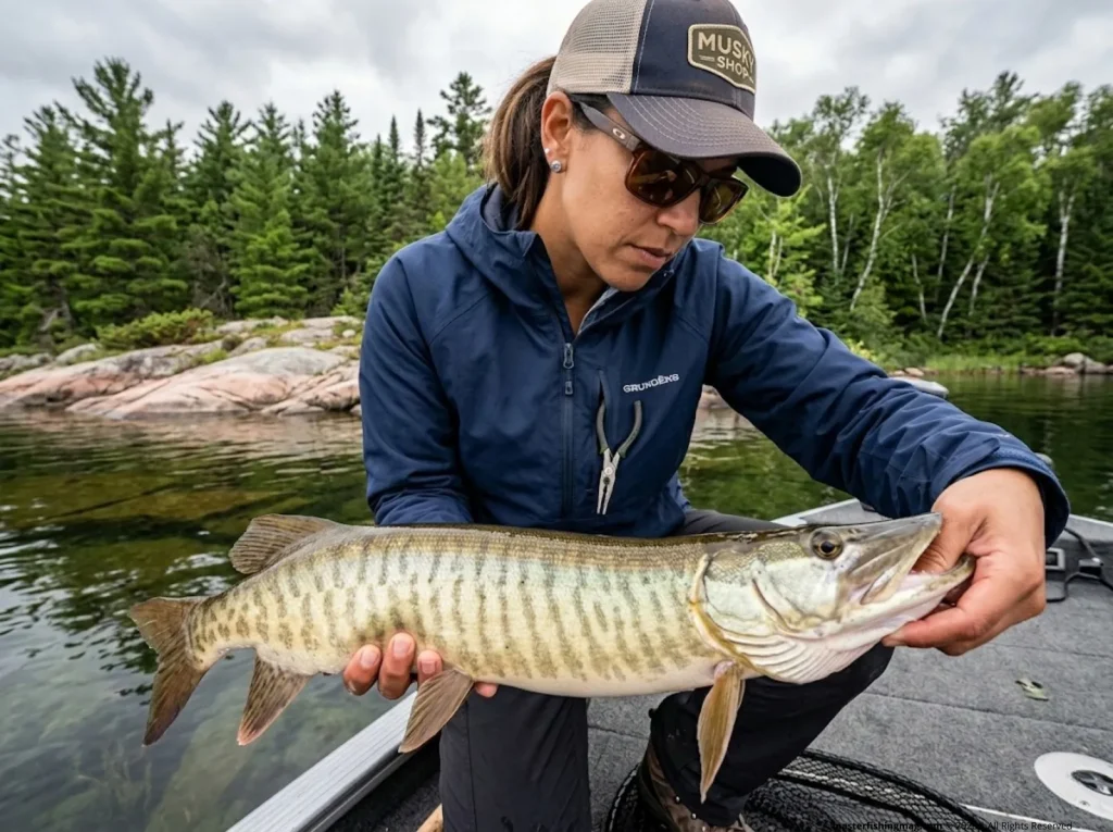 Female angler inspecting muskellunge jaw pores on clear Canadian Shield lake — muskie vs northern pike identification