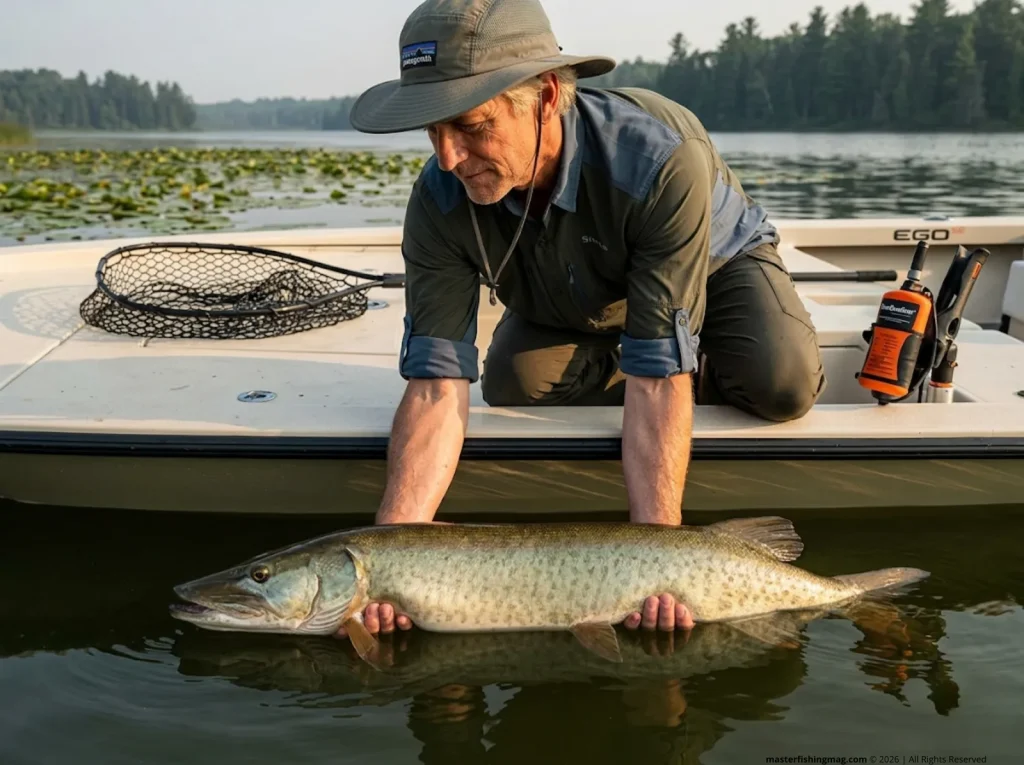 Angler using two-handed horizontal cradle to support large musky safely for warm water release