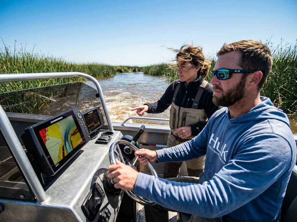Anglers navigating the shallow channels of the Sacramento Delta using sonar mapping.