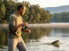 How to Fish a Neko Rig and Fool Pressured Bass Angler fighting largemouth bass on spinning rod with Neko rig at dawn on clear reservoir