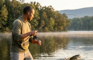 How to Fish a Neko Rig and Fool Pressured Bass Angler fighting largemouth bass on spinning rod with Neko rig at dawn on clear reservoir