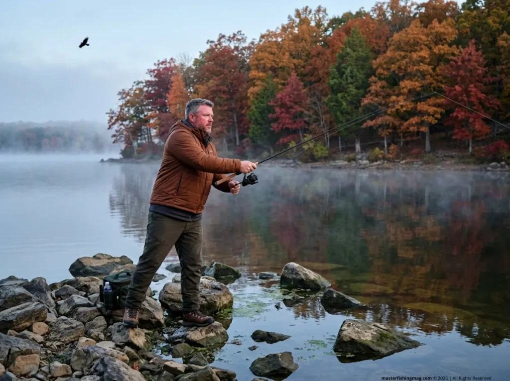 Angler casting Neko rig from rocky point on misty fall morning with autumn foliage