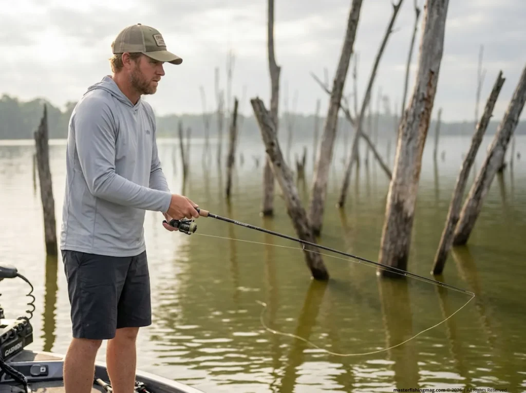 Bass angler fishing Neko rig slack line retrieve watching for bites on flat with timber
