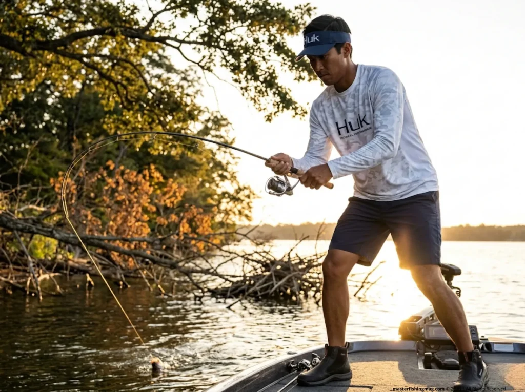 Angler executing sweep hookset on Neko rig with spinning rod bent sideways