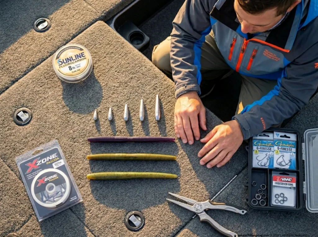 Neko rig tackle layout with weights hooks and soft plastic baits on bass boat deck