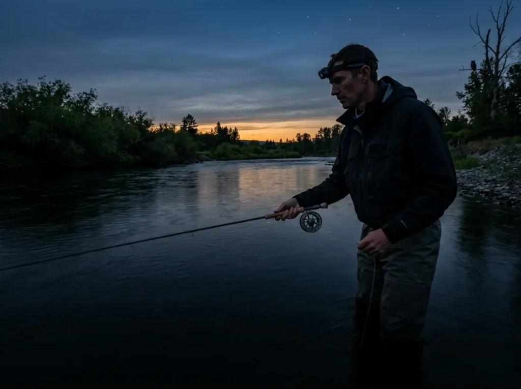 Fly angler swinging a streamer for brown trout in a deep pool at twilight low-light session