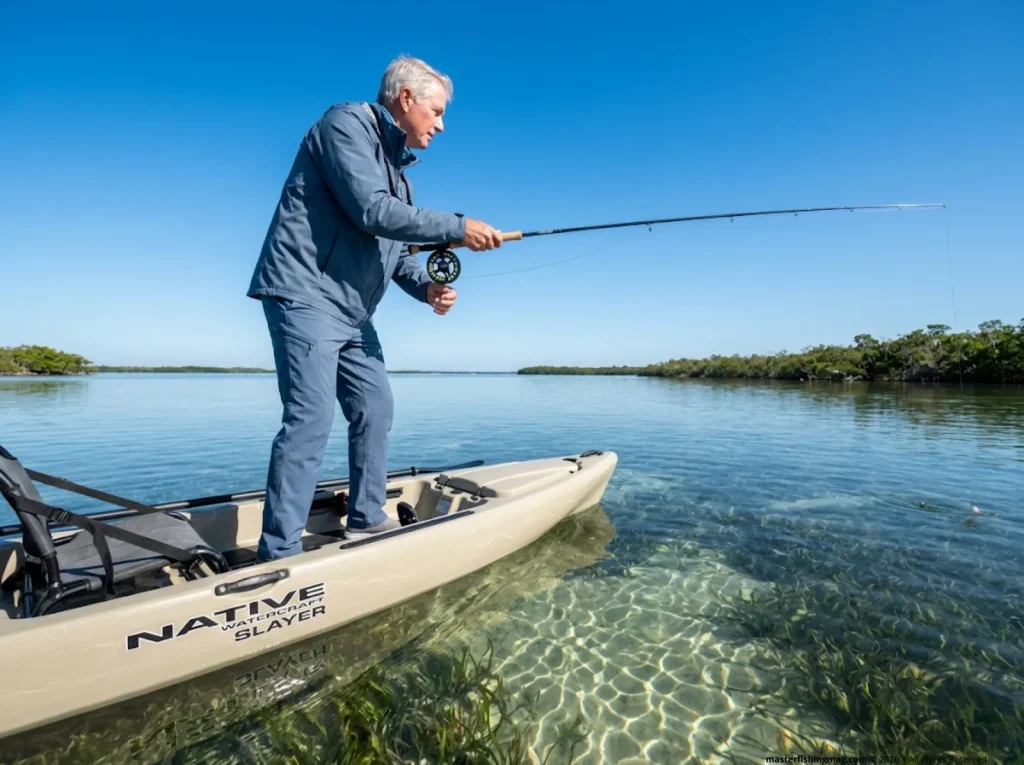 Stealthy kayak silently parting clear water