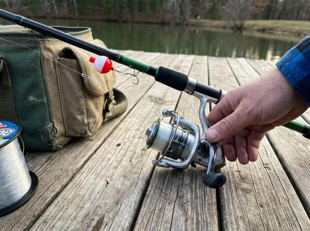 A simple beginner spinning combo spooled with monofilament, ready to fish with one line