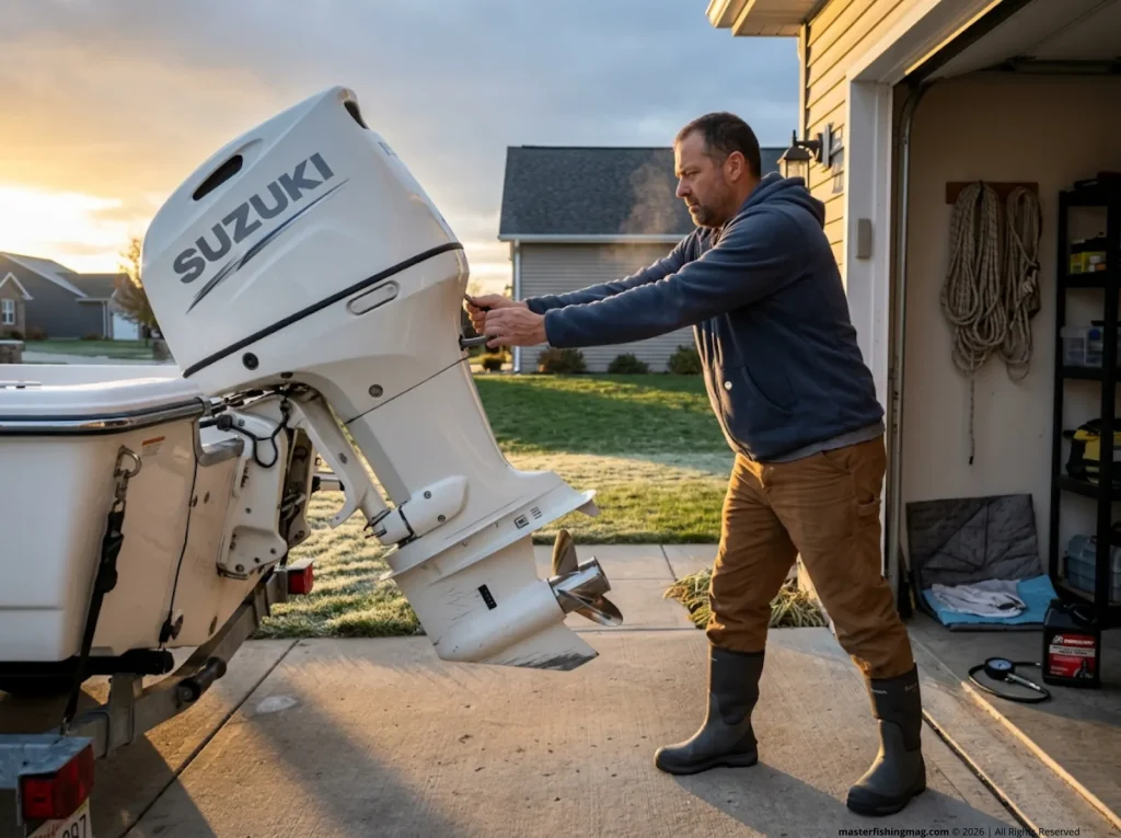 Boater lowering outboard to vertical storage position on driveway to prevent freeze damage to cooling passages