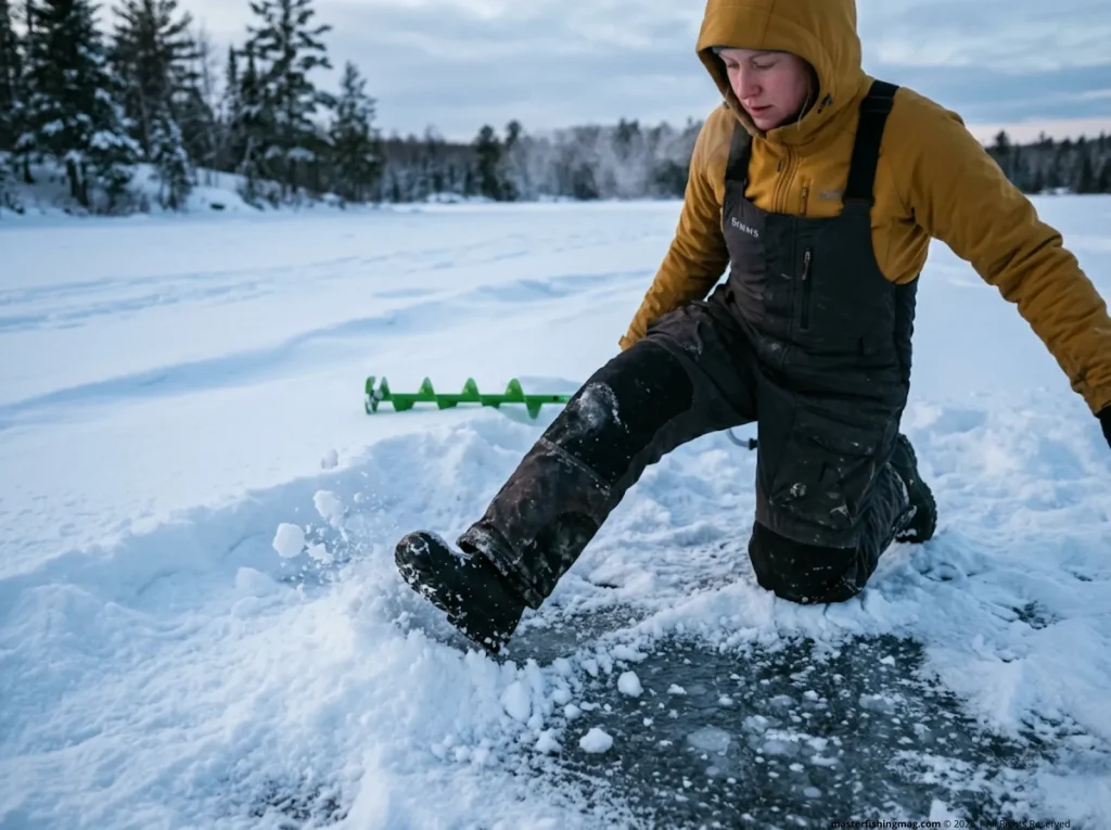 Ice angler clearing snow to understand oxygen squeeze for winter bluegill and crappie ice fishing tactics