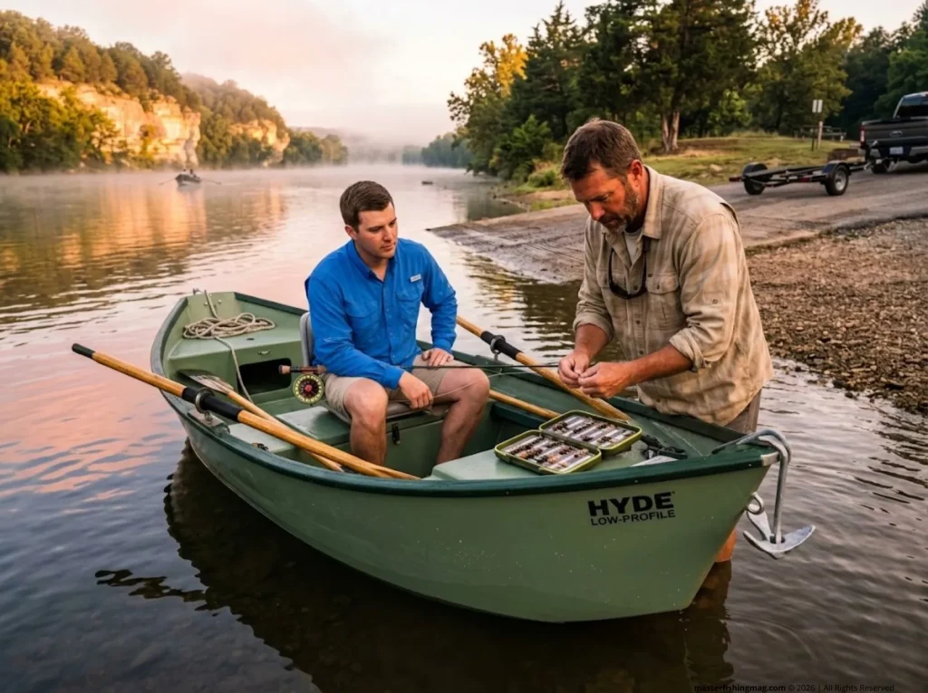 Fishing guide rigging fly rod at White River Arkansas drift boat launch