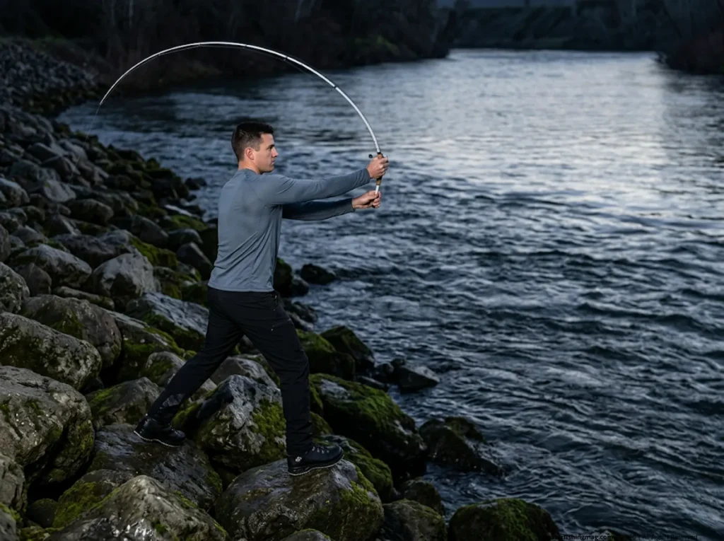 Fisherman casting a diving plug parallel to a riprap levee boundary layer.