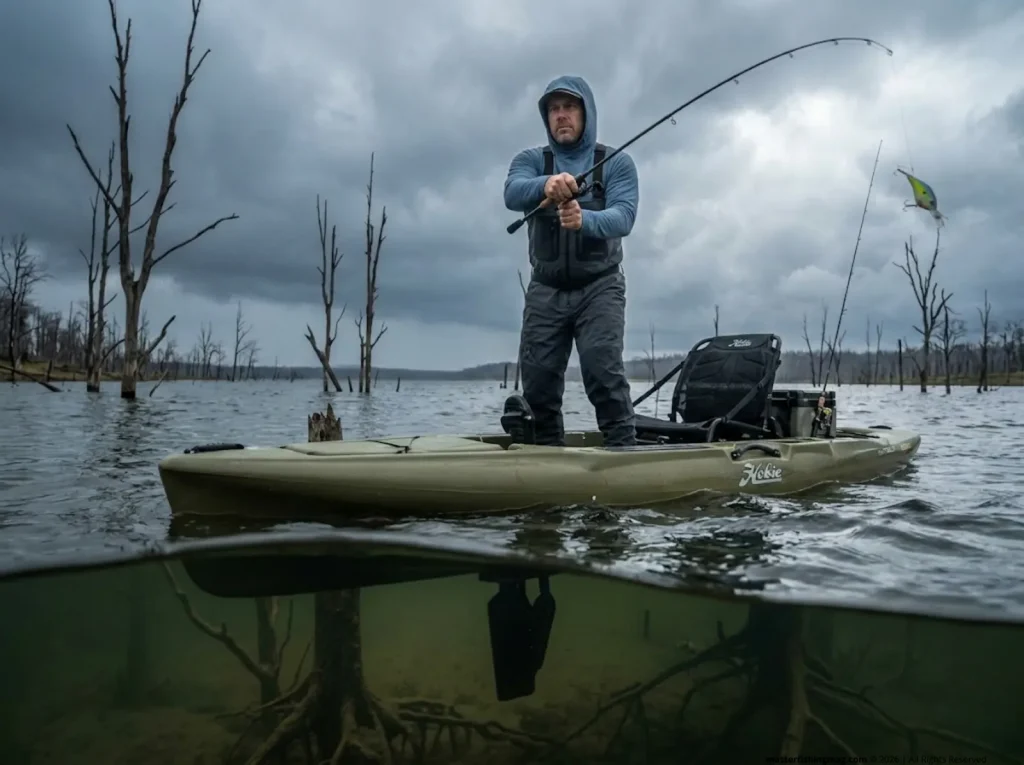 Submerged pedal drive providing kayak stability