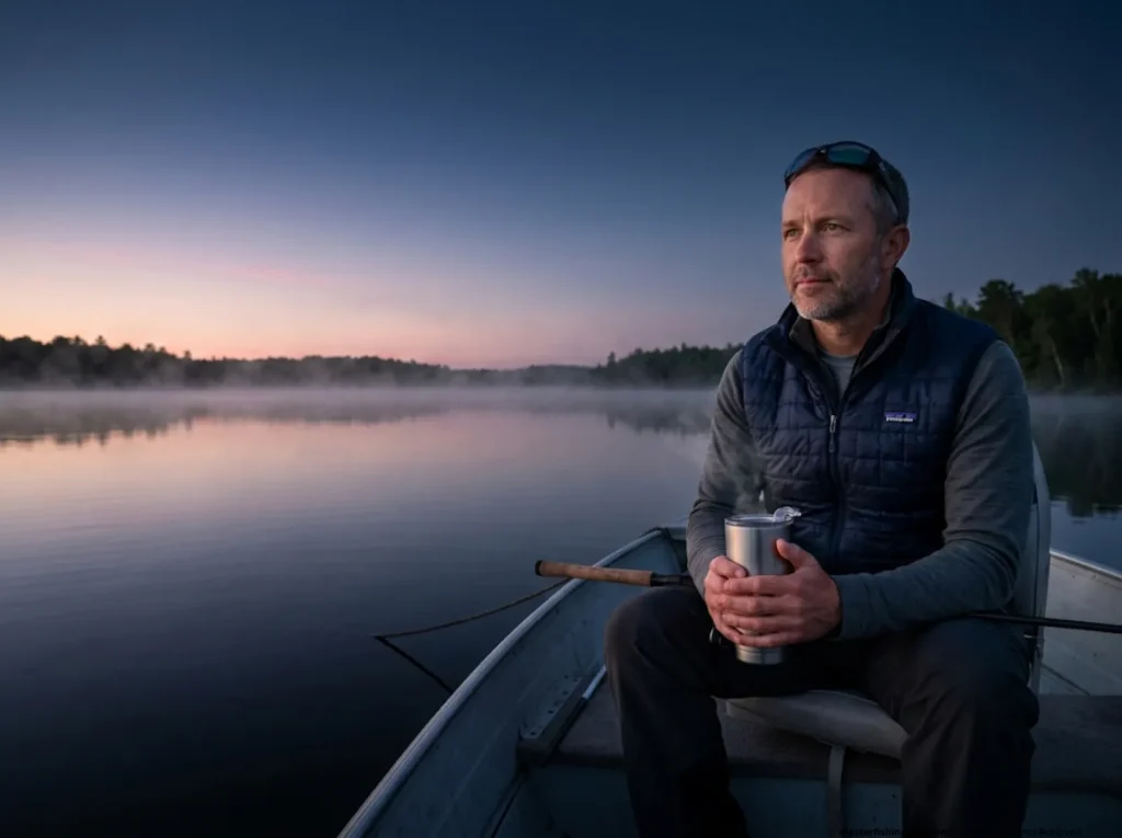 Pike angler in boat at pre-dawn waiting for the summer shallow weed bite window to open 