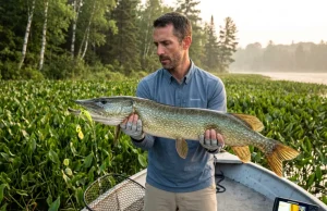 Why Big Pike Stay in Shallow Weeds All Summer Trophy northern pike caught in shallow summer weed bed — how to catch pike in shallow weeds summer