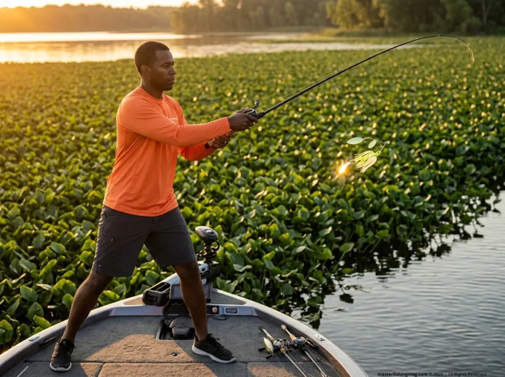 Angler casting spinnerbait over shallow summer pike weed bed at dawn