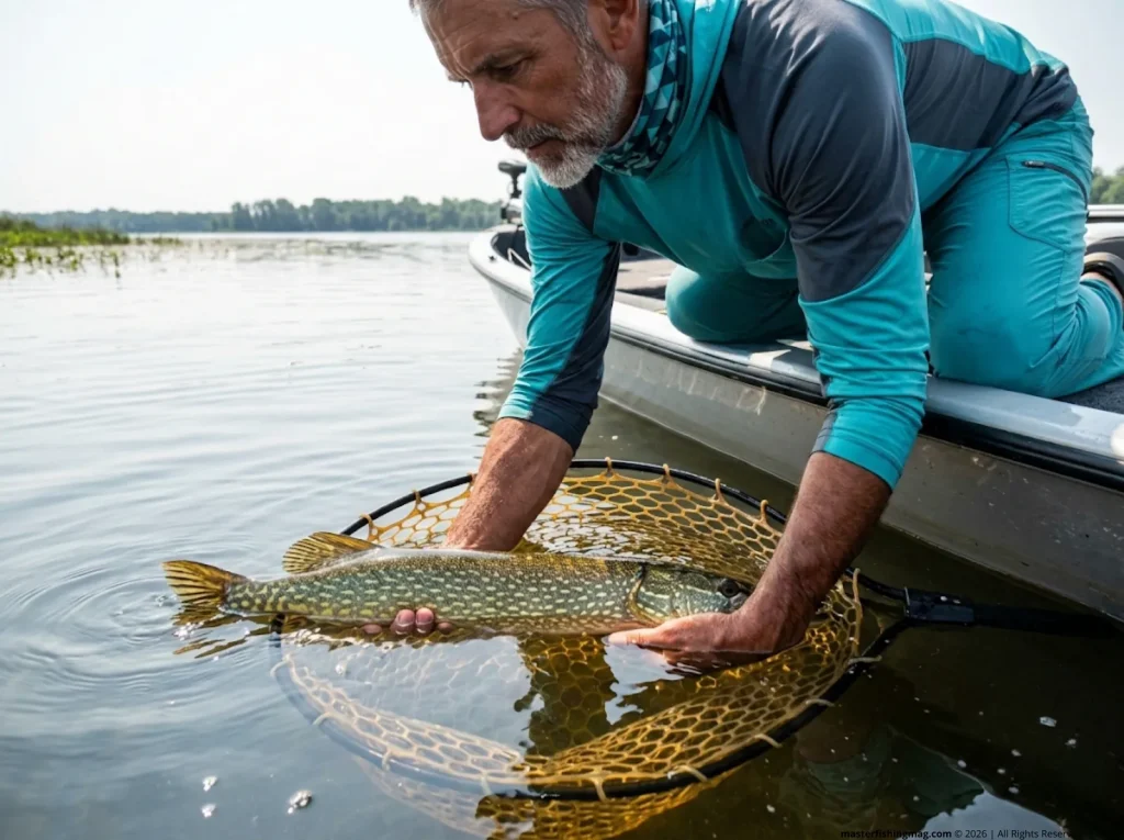  Angler performing proper warm-water catch and release for northern pike in summer weed bed