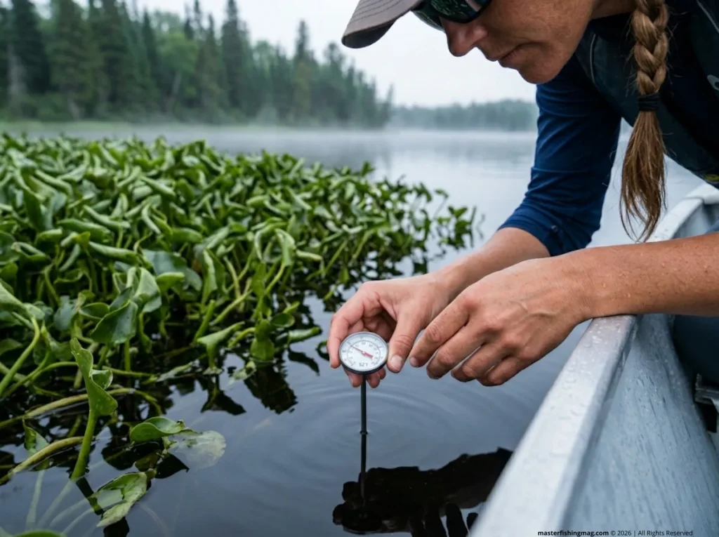 Angler measuring water temperature alongside shallow pike weed bed in summer 
